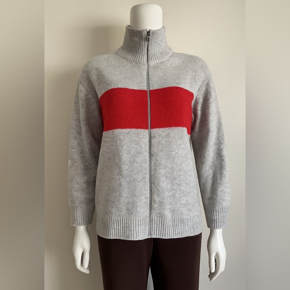 Gap Lambswool Blend Full Zip Sweater Gray Red Str… - image 2